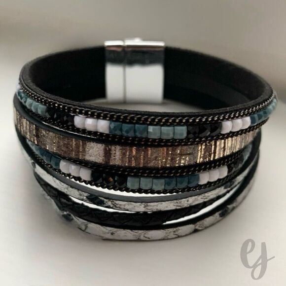 Black & White Multi-Strand Leather Beaded Boho Cuff Bracelet, Magnetic Clasp - Picture 1 of 9